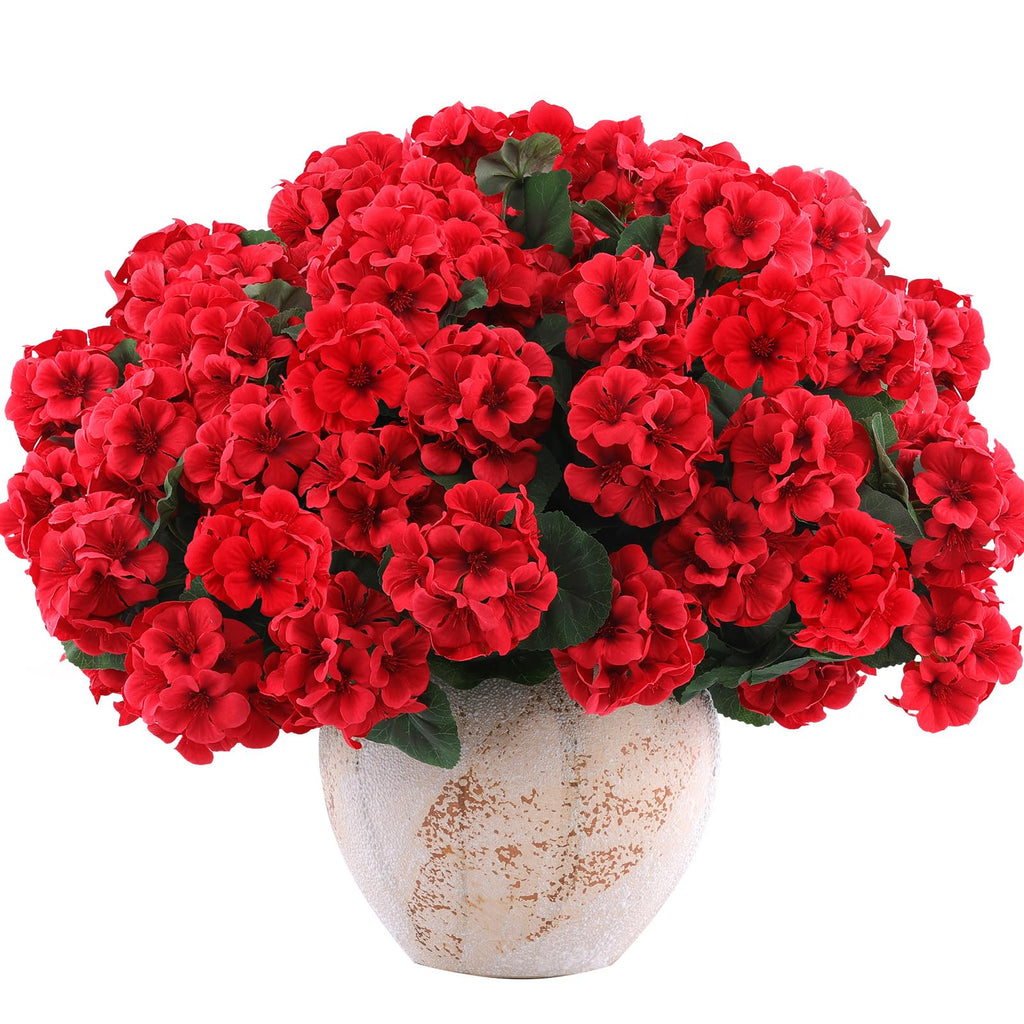 Hananona 6 Pcs Artificial Geranium Flowers for Outdoors Geranium Silk Red Flower Outdoor UV Resistant Garden Plants Faux Flowers for Christmas Home Kitchen Table Centerpieces Decor (6, Red)