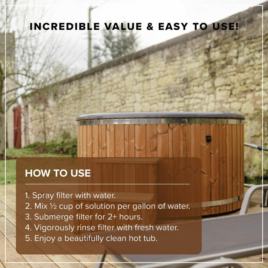 Hot Tub Filter Cleaner - 6 Month Supply - 4 to 8 Uses - 32 oz Spa Filter Cartridge Cleaner - Hot Tub & Pool Filter Cleaner Soaking Solution - No Residue or Foam - Restores Filter - Safe & Non-Toxic