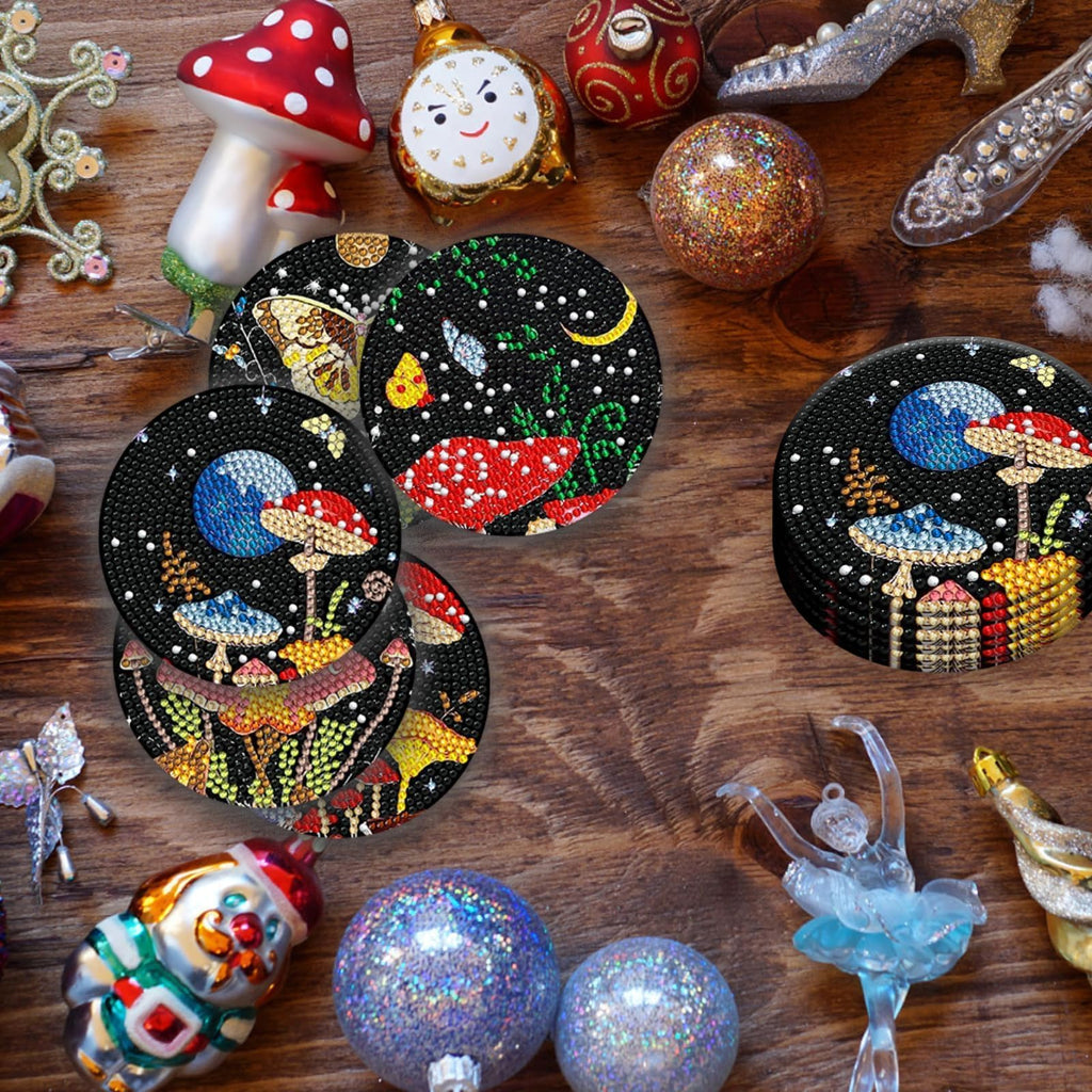 8 Pcs Mushroom Diamond Art Painting Coasters Kits with Holder DIY Mushroom Diamond Art Coaster Non Slip Coaster for Adults Diamond Kits Supplies for Christmas