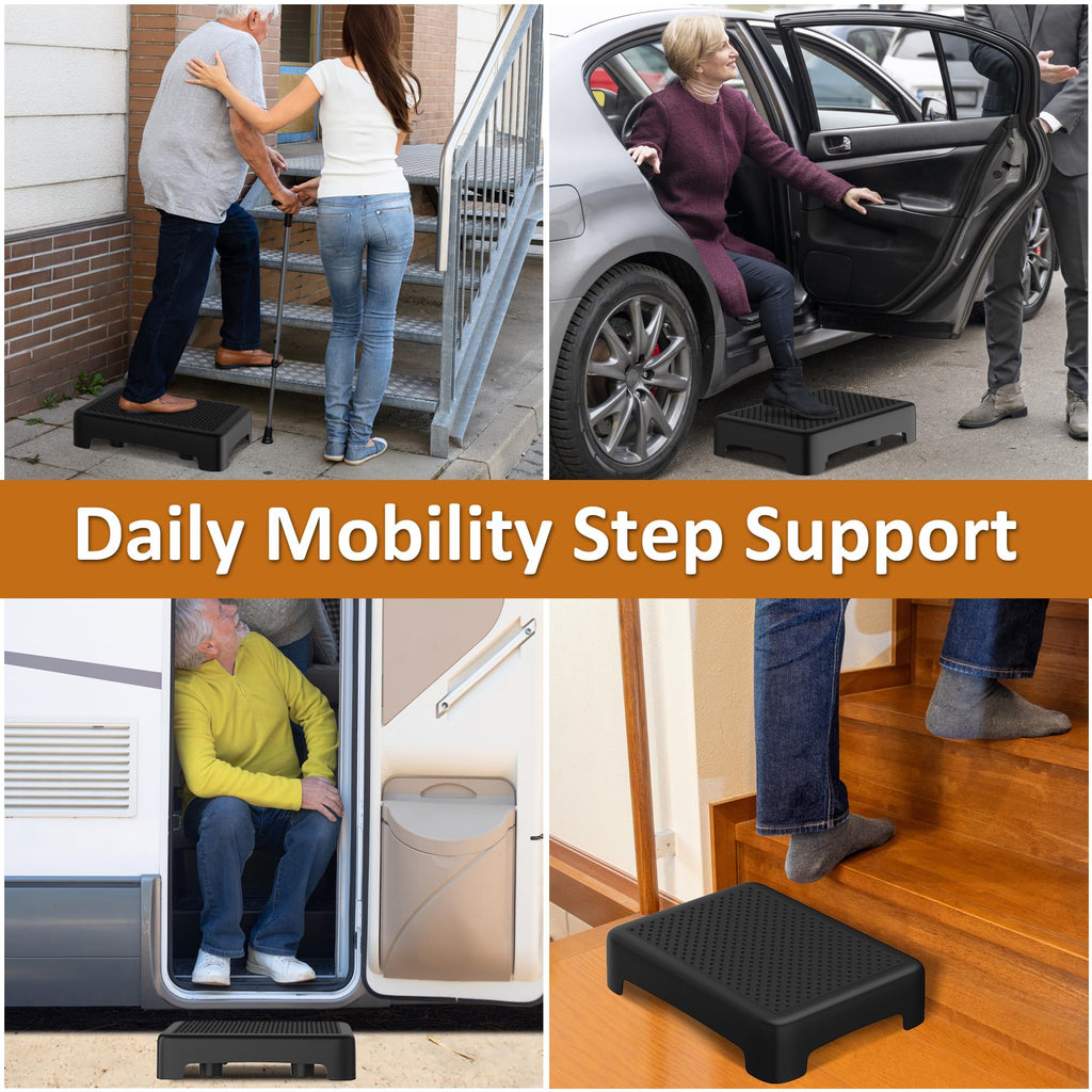 Mobility Step Stool for Adults Elderly, Non-slip Waterproof Step Platform with 450 Lbs Capacity Indoor & Outdoor, Portable Safety Stepping Stool Step Riser for Car Bedside Office Shower Stairs, Black