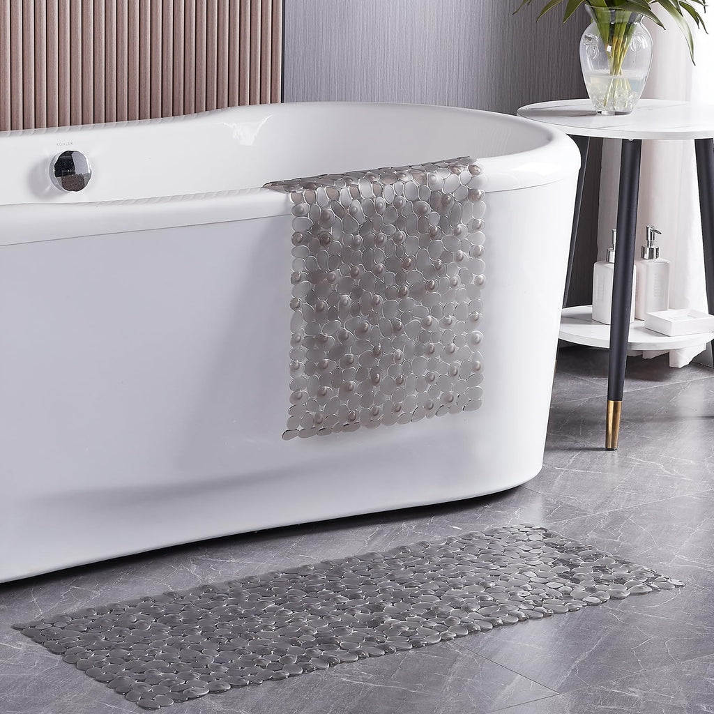 Webos Bath Shower Mat Non Slip: Extra Large Pebble Bathtub mat for Kids, Elderly, Anti Slip Shower Matt with Drain Holes Suction Cups Tub Mat - 16 X 40 Inch Clear Grey