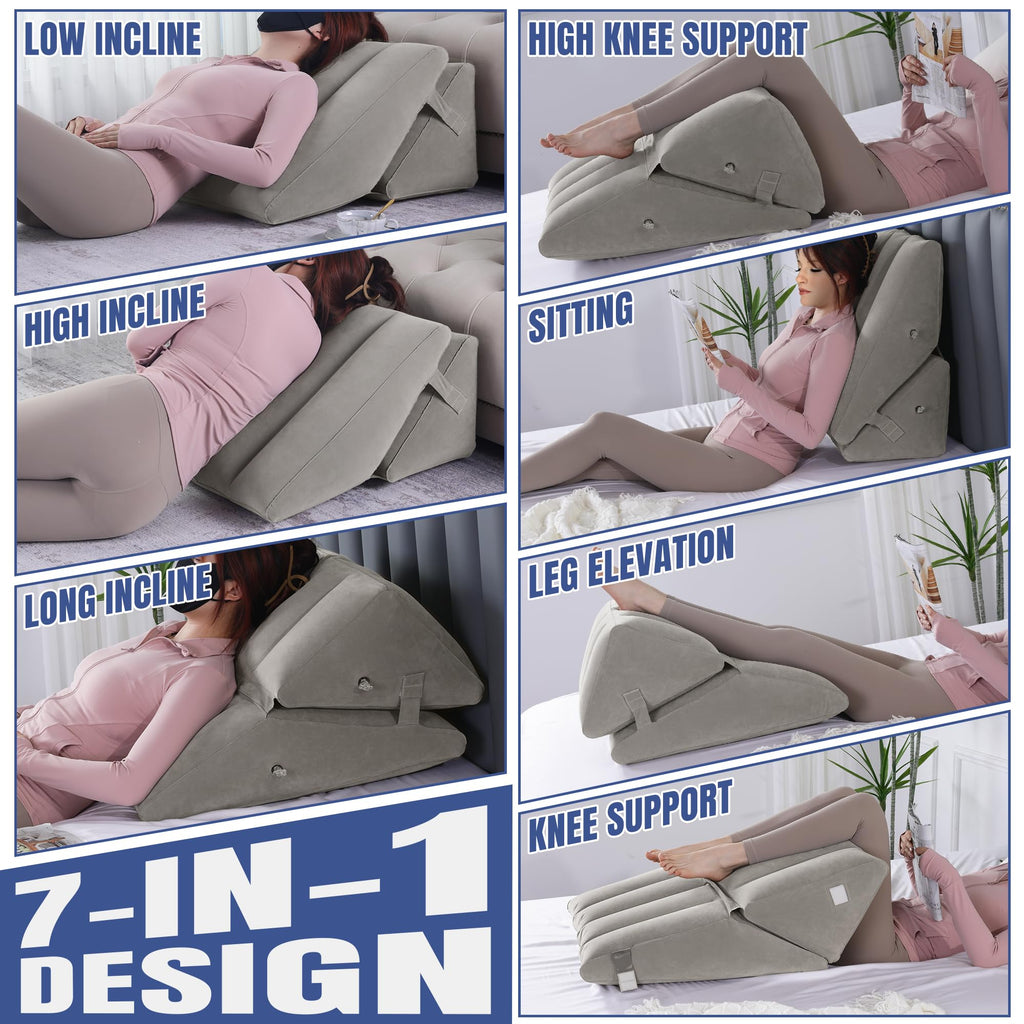 HOMBYS Adjustable Inflatable Bed Wedge Pillow for Sleeping, 7 in 1 Multi Use Back Pillow for Bed Sitting Up, 10 inch Elevated Support Pillow for Legs & Back, Portable for Travel Use-30"x22"x10", Grey