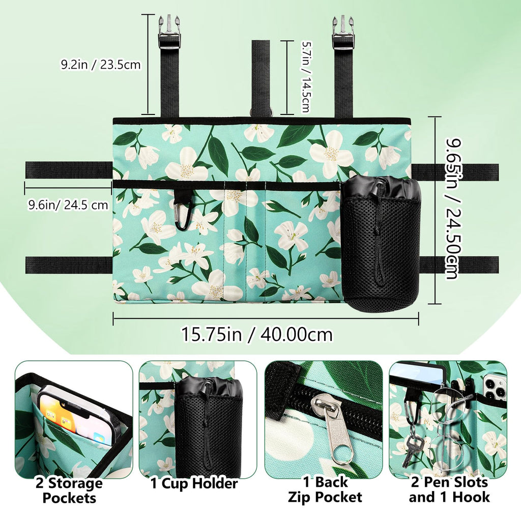 Rhino Valley Walker Bag, Multi Pockets Folding Walker Basket Tote Bag with Cup Holder, Hand-free Carry Pouch Storage Bag for Universal Walkers, Large Capacity Organizer for Seniors Elderly, Flower