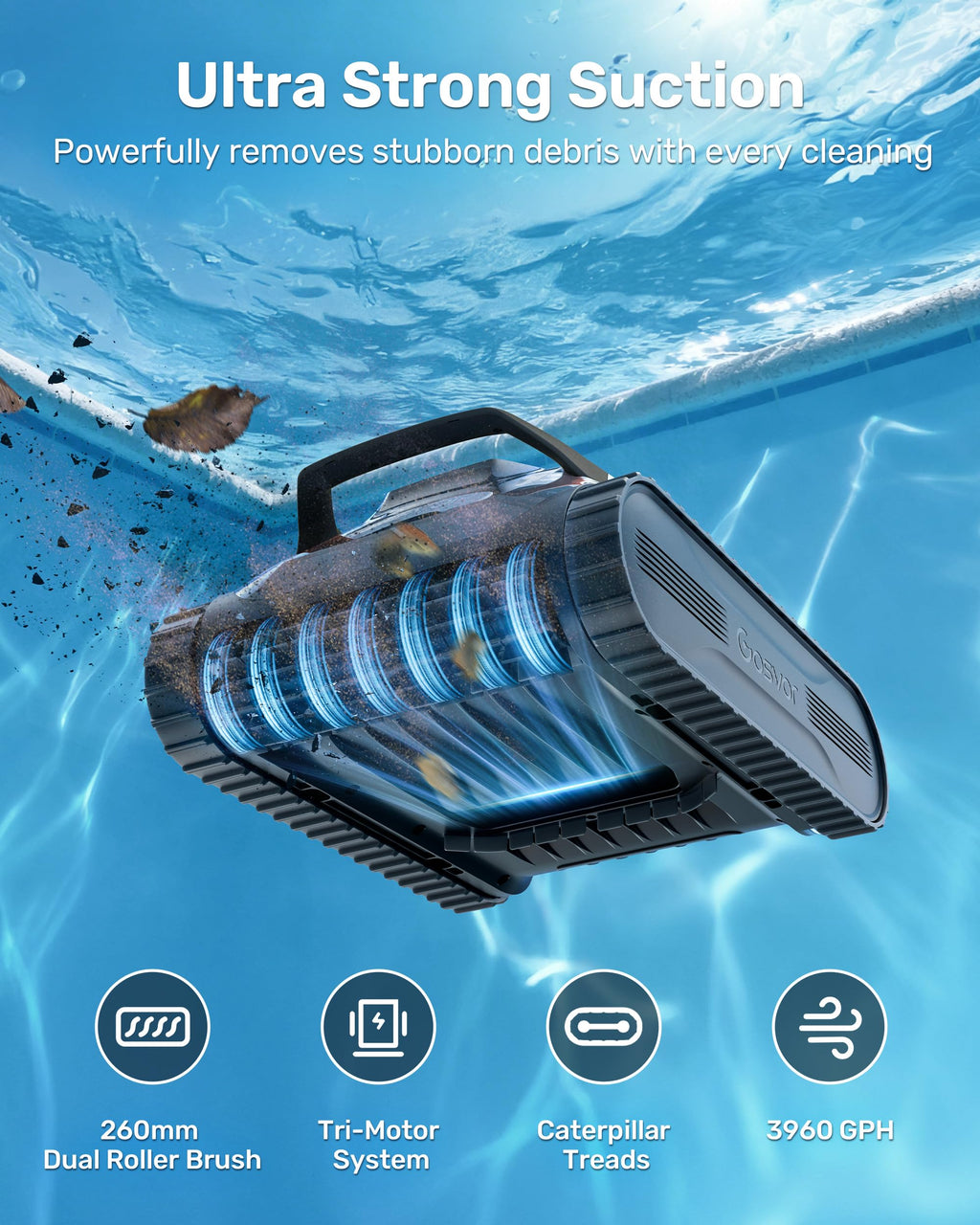 (2026 New) Gosvor Pool Vacuum LiteVac G1, Wall & Waterline & Platform Cleaning, 15.2 lbs Ultra-Lightweight, Up to 200-Min Runtime, Double Filtration, Smart Navigation & App, For Pools up to 2153 sq.ft