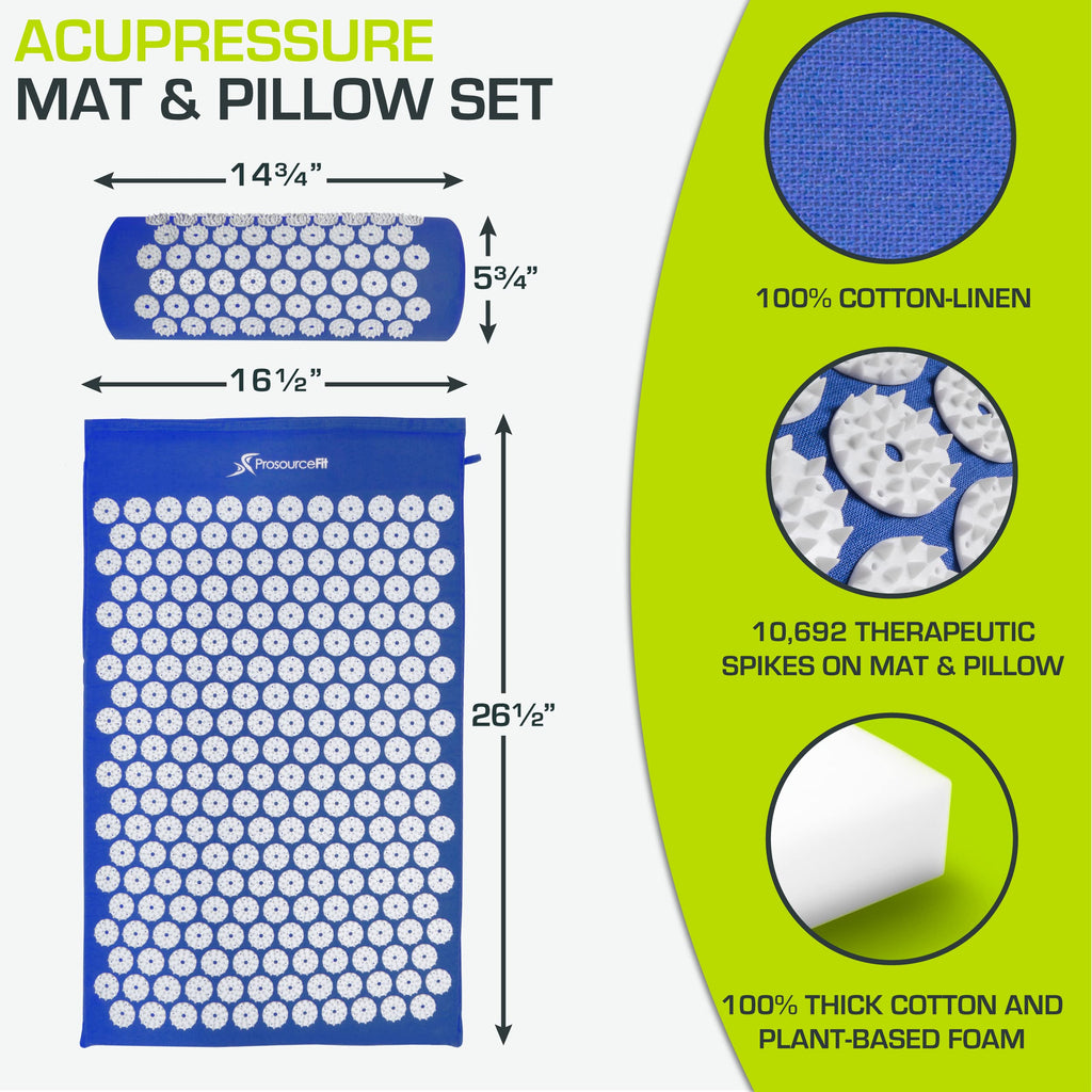 ProsourceFit Acupressure Mat and Pillow Set for Back/Neck Pain Relief and Muscle Relaxation, Blue Large