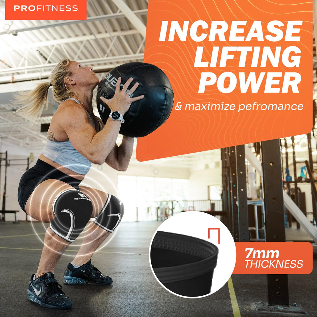 ProFitness Squat Knee Sleeves Men - 7mm Neoprene Knee Brace for Women Working Out for WOD, Gym, Squats & Weightlifting | Black/Black | Small