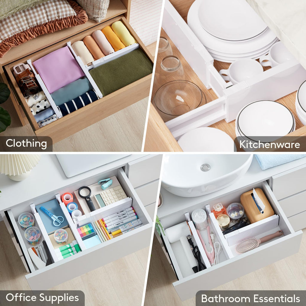 Lifewit 5 Pack Drawer Dividers 4" High, 11-17" Adjustable Dresser Drawer Organizers for Clothes, Expandable Dresser Separators in Bedroom/Bathroom/Kitchen/Vanity/Office Organization and Storage, White