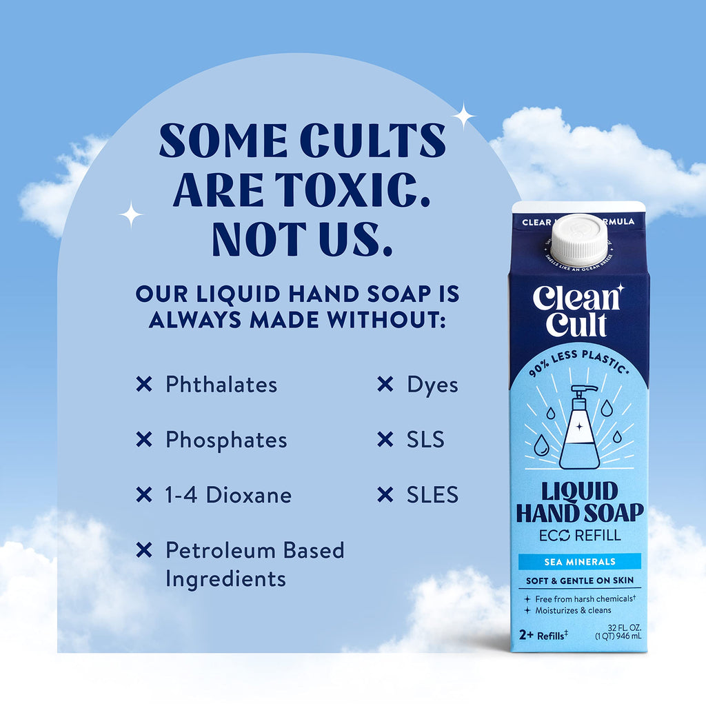 Cleancult Liquid Hand Soap Refills (32oz, 3 Pack) - Hand Soap that Nourishes & Moisturizes - Liquid Soap Free of Harsh Chemicals - Paper Based Eco Refill, Uses 90% Less Plastic - Sea Minerals