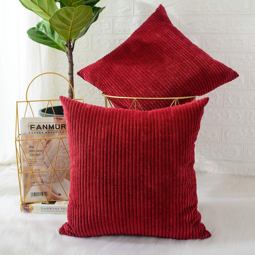 MERNETTE New Year/Christmas Decorations Corduroy Soft Decorative Square Throw Pillow Cover Cushion Covers Pillowcase, Home Decor for Party/Xmas 20x20 Inch/50x50 cm, Burgundy, Set of 2