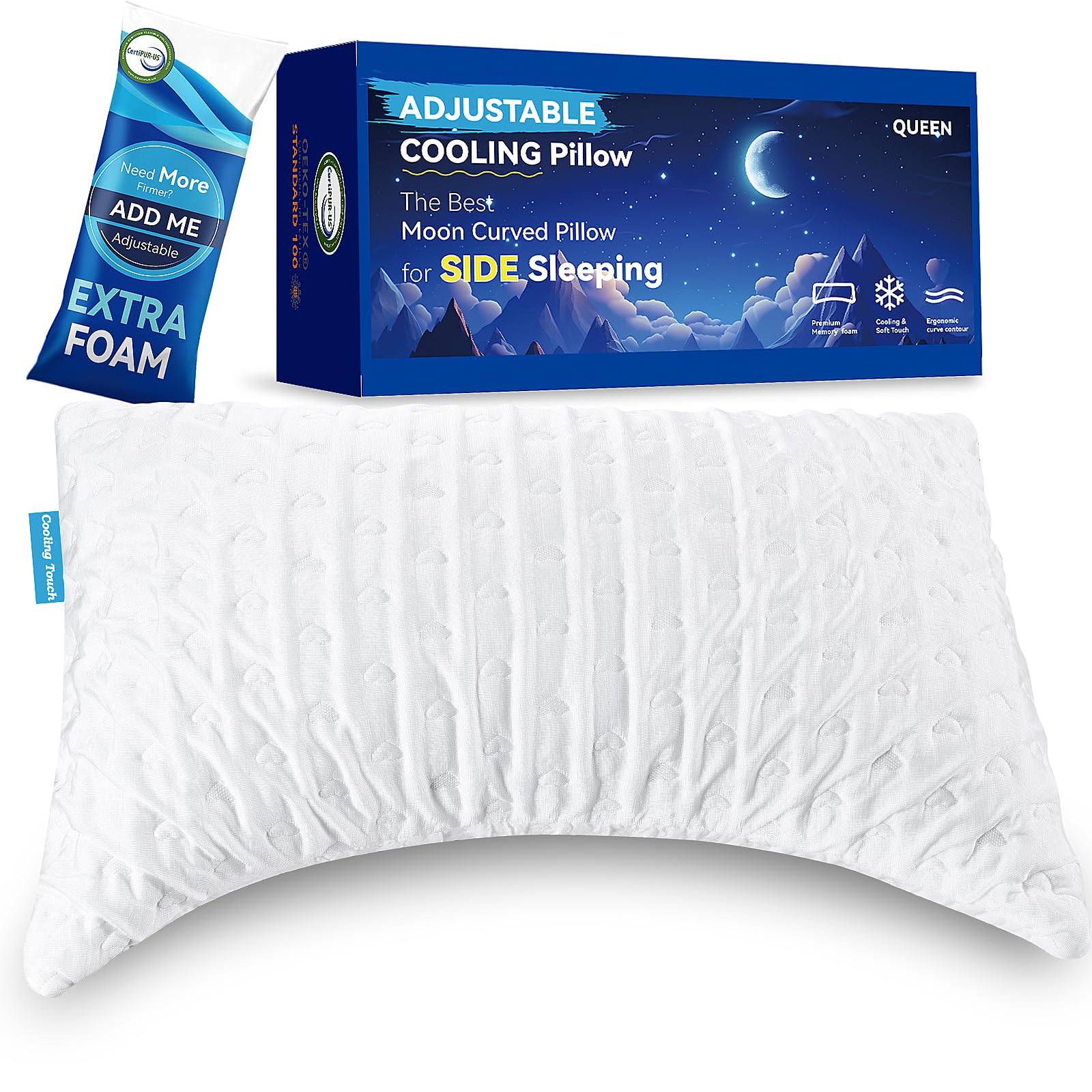 btasleeep Cooling Side Sleeper Pillow for Neck and Shoulder Pain Relief, Adjustable Shredded Memory Foam Bed Pillows for Sleeping, Ergonomic Curved Pillow, Queen Size, Extra Fill Included