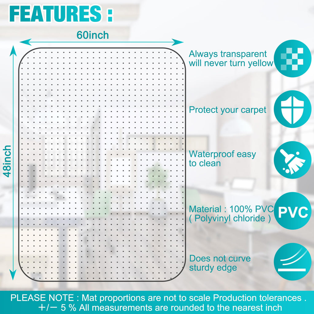 LeapYouth Extra Large Office Chair Mat for Carpets, 48'' X 60'' Clear Desk Floor Mat for Low, Flat and No Pile Carpeted Floors, Thick and Sturdy Carpet Protector for Desk Chair, 48''x60''