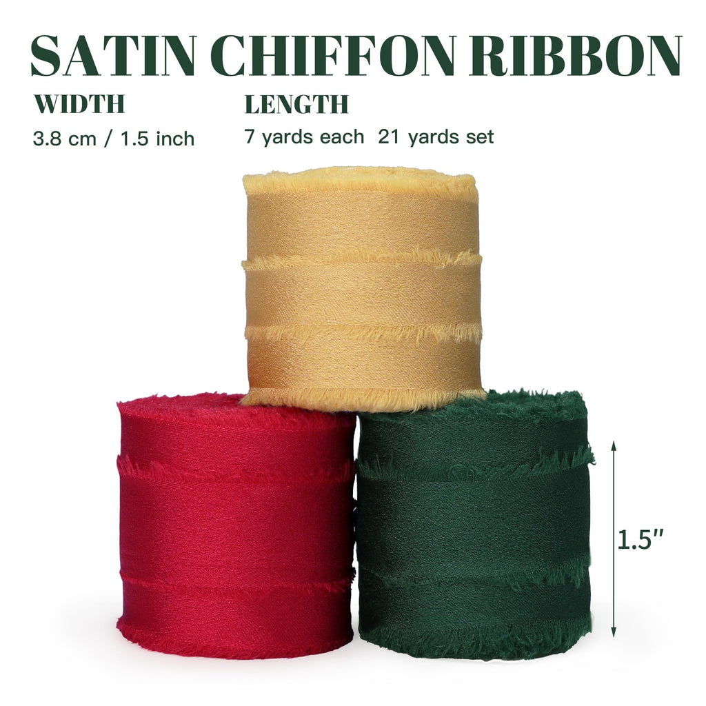 Keypan Christmas Tree Ribbon for Gift Wrapping, Silk Satin Chiffon Frayed Fabric Holiday Ribbons for Crafts Wedding Invitation Decor Baby Shower 1-1/2 inch x 21 Yd