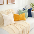 decorUhome Christmas Faux Fur Throw Pillow Covers 12x20 Set of 2, Decorative Soft Plush Striped Lumbar Couch Pillow Covers with Velvet Back for Sofa, Bed, Living Room, Cream White