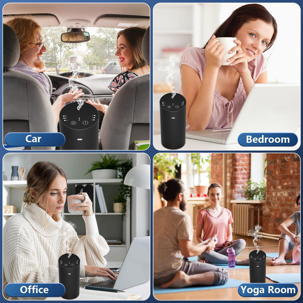Waterless Car Diffuser, Waterless Diffusers for Essential Oils with Timer & No Leakage Tech, Super Quiet Cordless Aromatherapy Essential Oil Diffuser Battery Operated for Car, Room, Office (Black)