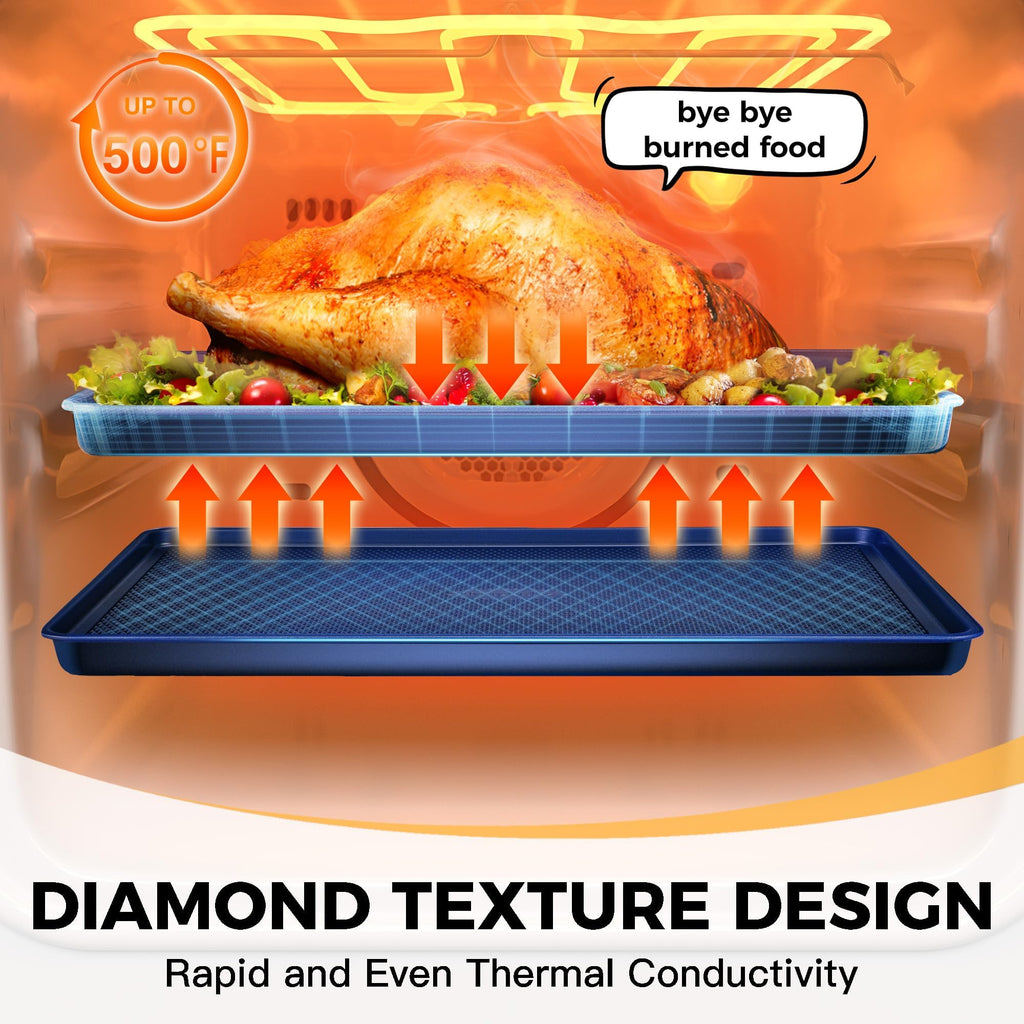HONGBAKE Baking Sheet Pan Set, Cookie Sheets for Oven, Nonstick Half/Quarter/Jelly Roll Pans with Diamond Texture Pattern, Heavy Duty Cookie Tray, Dark Blue