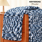 Knyteruna #6 Super Bulky Blanket Yarn for Crocheting - 4 Skeins(Each 10.5oz/300g, 220yds/201m), Chunky Chenille Thick Plush Big Soft Yarn for Crocheting Knitting Blankets, Khaki & Blue & White