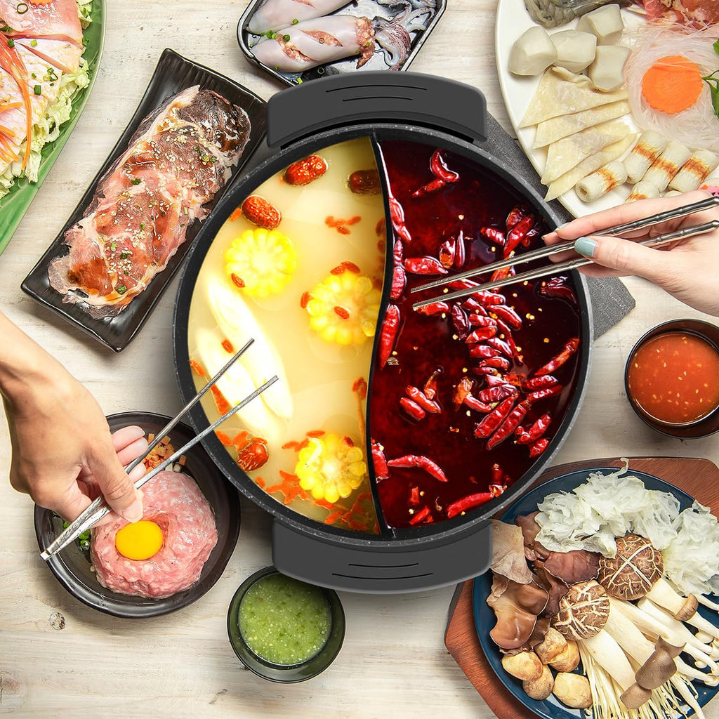 Electric Hot Pot with Divider Hotpot Pot Electric Cooker Shabu Shabu Pot 110V Non-Stick 6L BPA FREE Fondue Chinese Hot Pot
