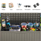 YITAHOME Outdoor Storage Box, 120 Gallon Waterproof Deck Box for Garden Tools, Patio Cushions, and Pool Accessories, Lockable, Easy Assembly, Versatile Bench or Table (Light Brown)