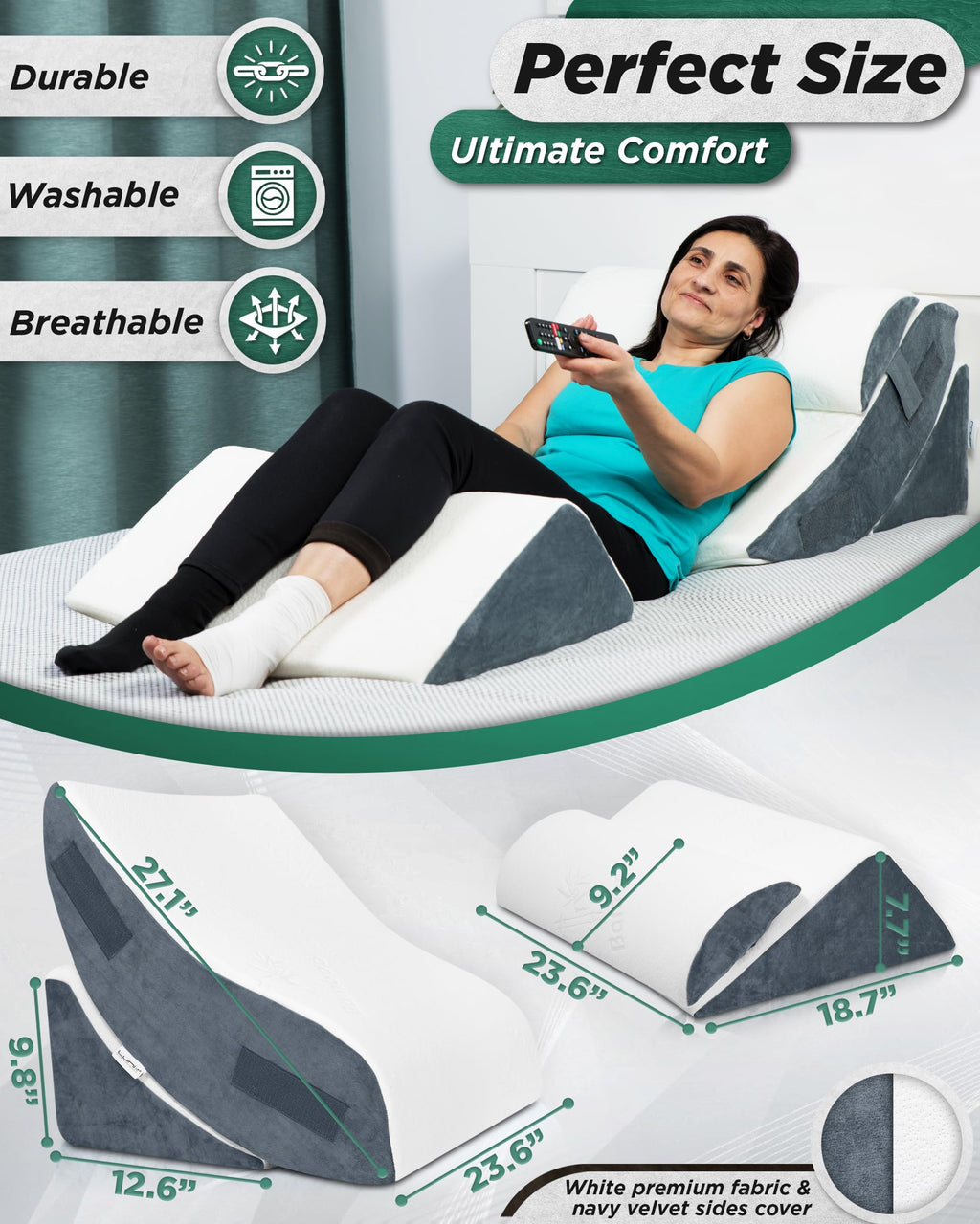 Lunix 4pcs Orthopedic Bed Wedge Pillow Set, Post Surgery Memory Foam for Back, Knee, Leg Pain Relief, Adjustable Sitting Pillow for Sleeping, Acid Reflux, GERD, with Hot Cold Pack, Navy for Kids