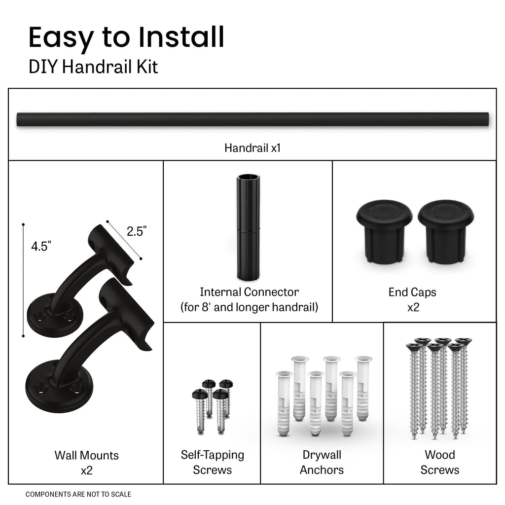 Meranti Aluminum Handrail for Indoor or Outdoor Steps and Stairs – Hand Rails for Elderly – DIY Complete Stair Railing Kit (4' Length, Black Textured)