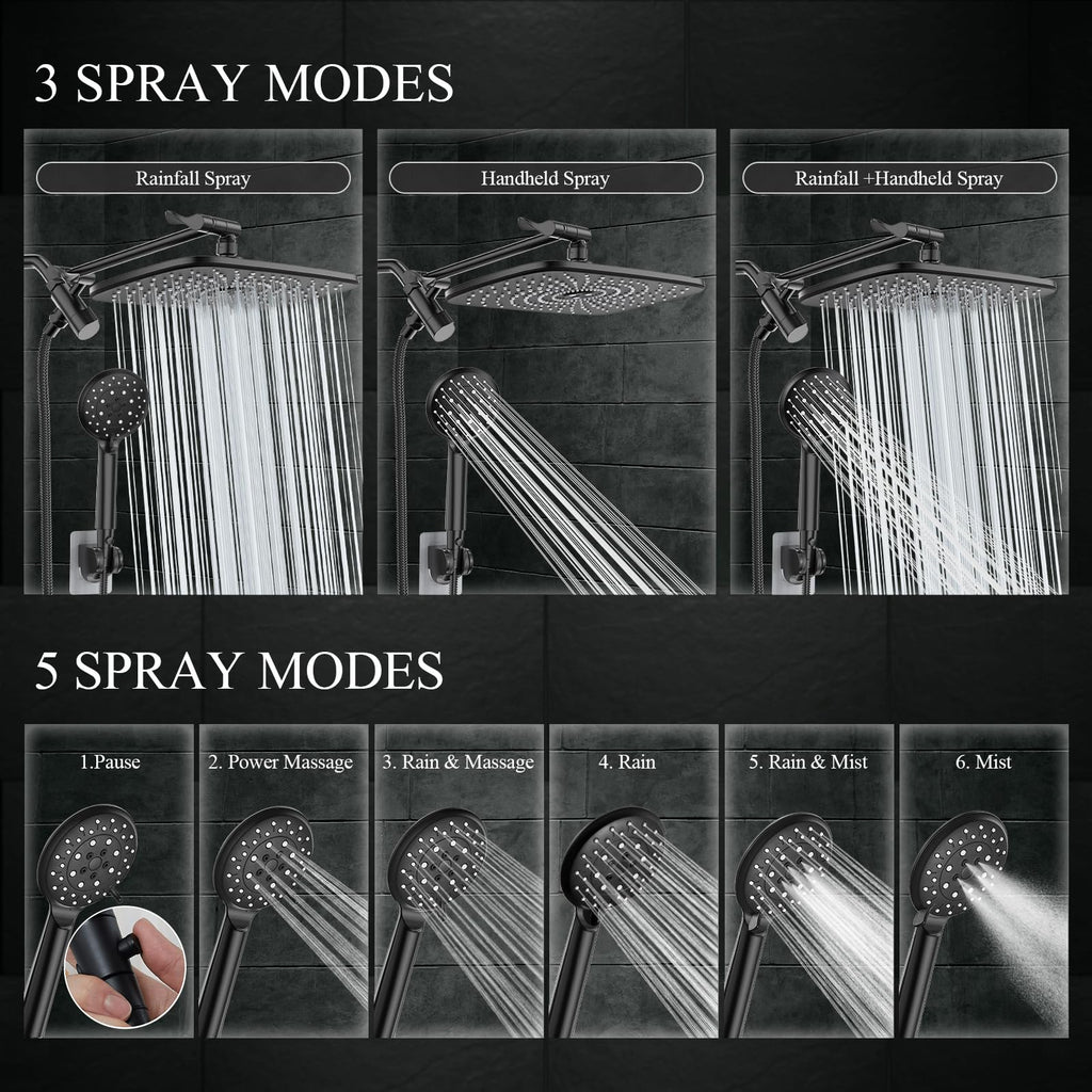 Veken 11.8 Inch High Pressure Rain Shower Head Combo with Extension Arm- Wide Showerhead with 5 Handheld Water Spray - Adjustable Dual Showerhead with Anti-Clog Nozzles - Matte Black