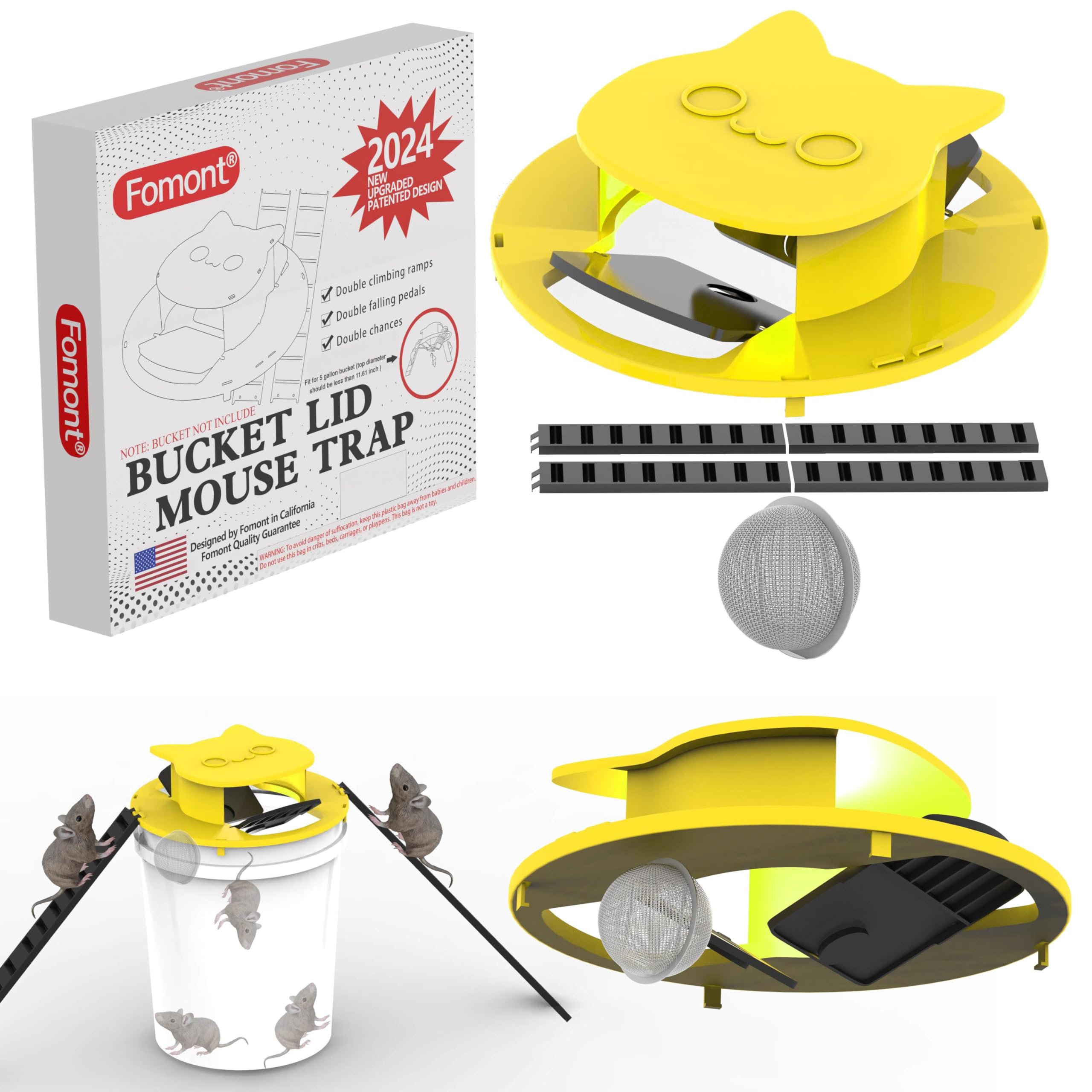 Fomont 2024 New Upgraded Bucket Lid Mouse Trap-Metal Bait Cage-Auto Reset-5 Gallon Bucket Fit-Humane-Indoor Outdoor-Rat Trap