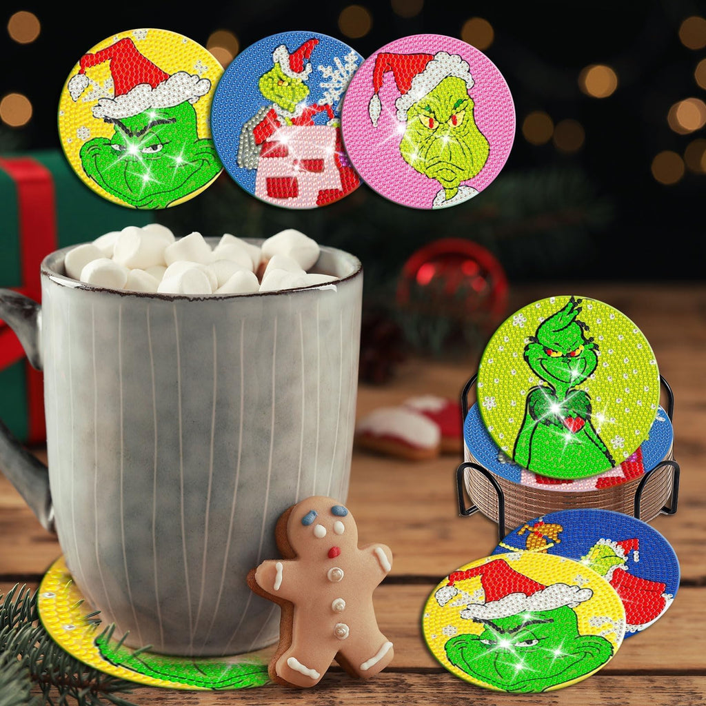 8 Pcs Diamond Art Coasters Kits with Holder DIY Christmas Diamond Art Coaster Non Slip Coaster for Adults Xmas Holiday Diamond Kits Supplies