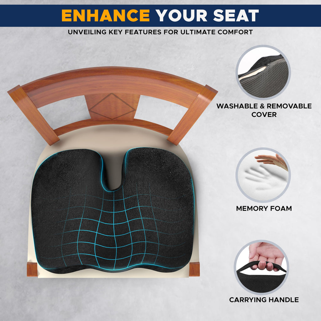 EcoNour Thick Memory Foam Gel Seat Cushion (Black) | Office Chair Cushion for Sciatica, Tailbone and Lower Back pain | Orthopedic cushion for Tail bone| Anti-Slip Support Pillow For Seniors and Driver