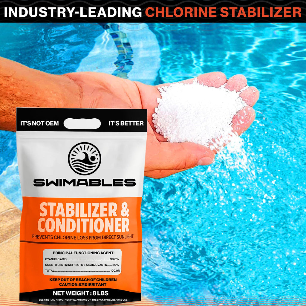 Swimables 8-Pounds Premium Pool Stabilizer & Conditioner, Max Strength Cyanuric Acid for Pools, Spa & Salt Water – Reduces Chlorine Loss, Ideal for Swimming & Hot Tubs