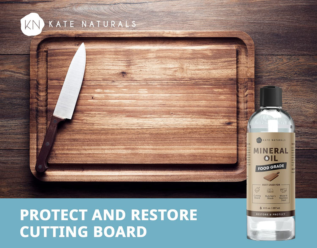 Kate Naturals Mineral Oil for Wood Cutting Board Oil, Butcher Block, and Knife. Food Grade Mineral Oil for Wooden Cutting Board (8oz, Food Safe Oil)