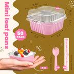 NPLUX 50 Pcs Mini Cake Pans with Lids and Spoons Aluminum Foil Mini Square Baking Cups with Lids Disposable Ramekins Cake Pans Dessert Cups for Wedding Birthday Party(Pink,5oz)