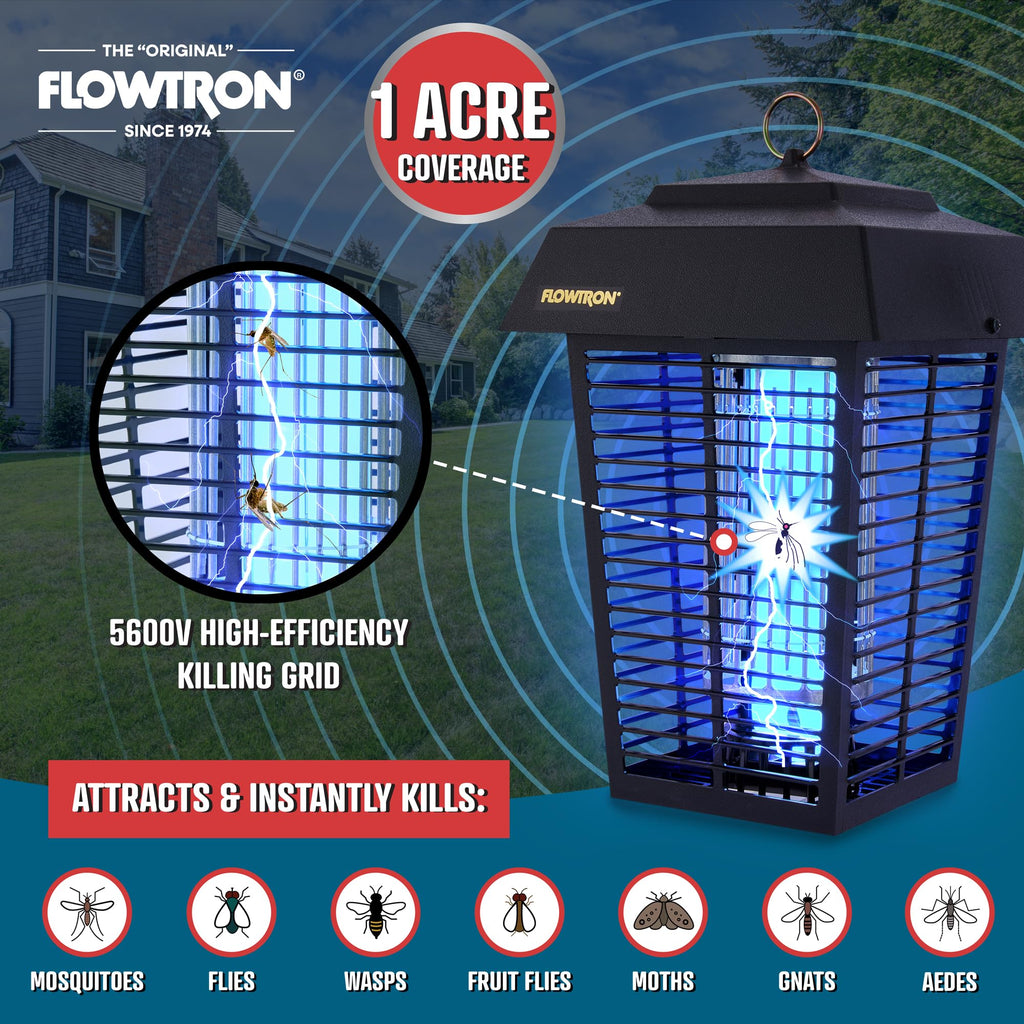 Flowtron Bug Zapper, 1 Acre of Outdoor Coverage with Powerful 40W Bulb & 5600V Instant Killing Grid, Electric Insect, Fly & Mosquito Zapper, Made in The USA