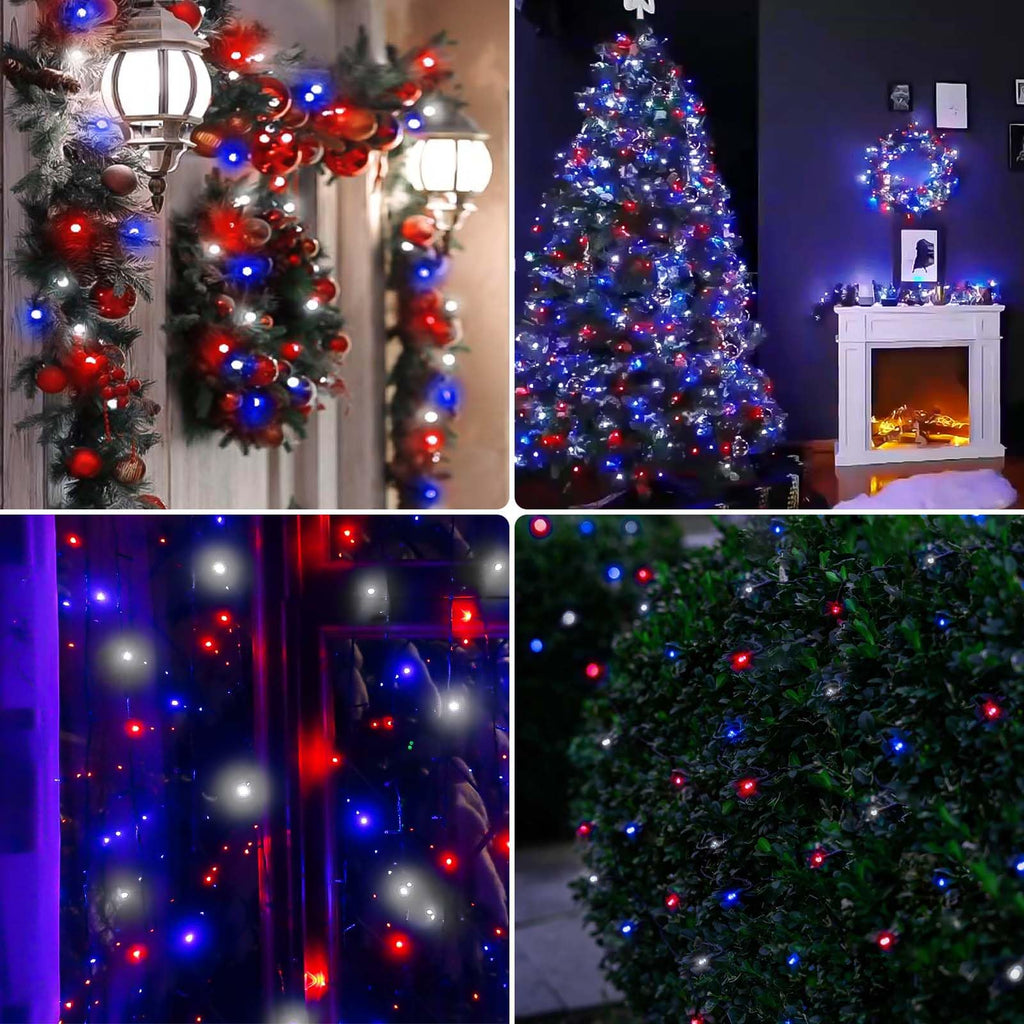 200 LED Red White and Blue Christmas String Lights Outdoor Indoor, 66FT Twinkle Lights Extendable Green Wire Waterproof for 4th of July Independence Day Memorial Day Xmas Tree Party Decorations