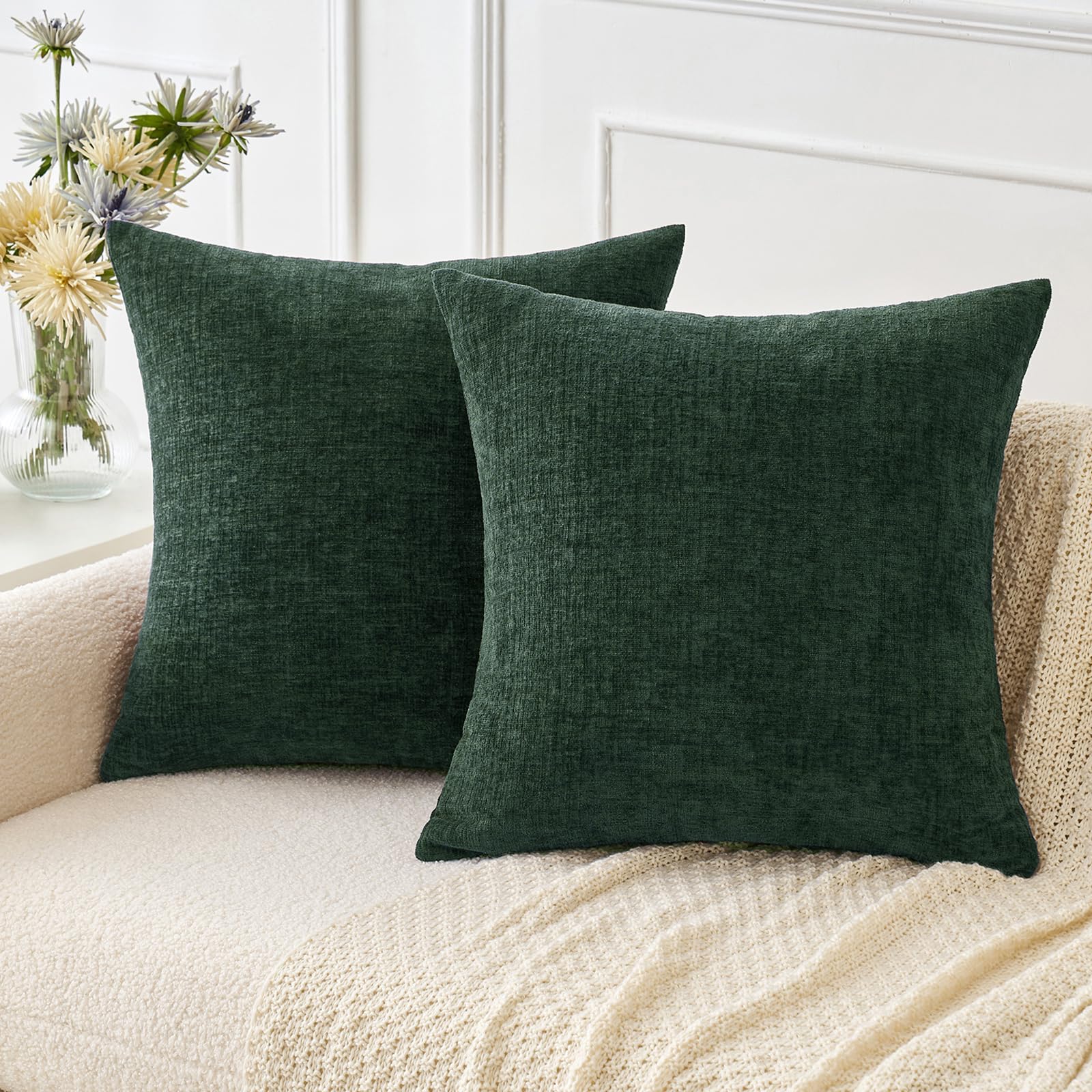 MIULEE Pack of 2 Christmas Green Throw Pillow Covers 20x20 Inch Soft Chenille Pillow Covers for Sofa Living Room Couch Solid Dyed Cases