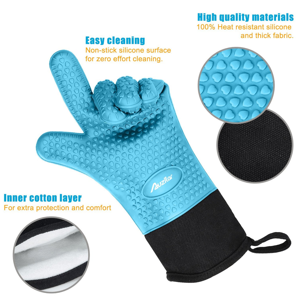 Auzilar Silicone Cooking Gloves, Grilling Gloves, Heat Resistant Gloves BBQ Kitchen Silicone Oven Mitts, Long Waterproof Non-Slip Potholder for Barbecue, Cooking, Baking