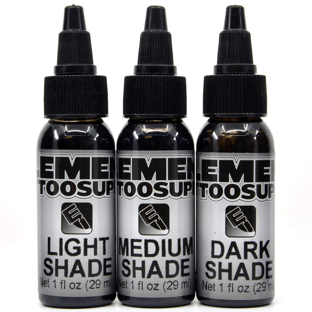 Element Tattoo Supply - Shading 3 Stage Grey Wash - Black and White Tattoo Ink - Light - Medium - Dark - Shades (5) 1oz Bottles