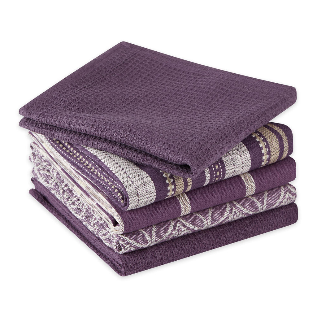 DII Assorted Woven Kitchen Set, Dishtowel, 18x28, Dishcloth, 13x13, Eggplant, 5 Piece