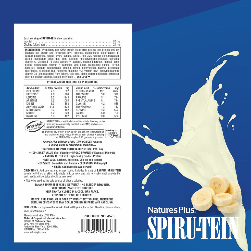 NaturesPlus SPIRU-TEIN Shake - Banana Flavor - 1.2 lbs, Spirulina Protein Powder - Plant Based Meal Replacement, Vitamins & Minerals For Energy - Vegetarian, Gluten-Free - 16 Servings