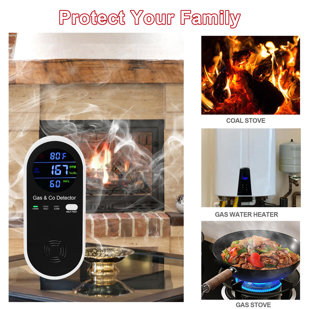 2 Packs Combination Gas & Carbon Monoxide Detector, 4-in-1 Natural Gas Detector & Carbon Monoxide Alarm with Temperature(°F) & Humidity,Propane & CO Detector for Home,RV,Apartment