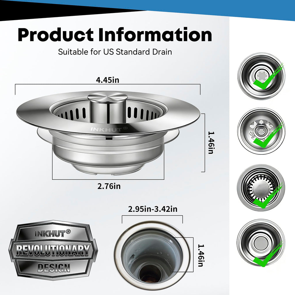 Upgraded 3 in 1 Kitchen Sink Drain Strainer - Stainless Steel Sink Stopper, Anti-Clogging Sink Food Catcher Basket, Fast Drainage Odor Filter Sink Plug for US Standard 3 1/2 inch Drain (Silver-2Pack)