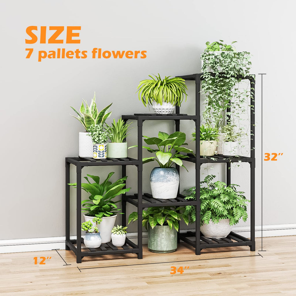 Bamworld Outdoor Black Plant Shelf Indoor Tiered Table for Multiple Plants 3 Tiers 7 Potted Ladder Plant Holder Pot Stand for Window Garden Balcony Living Room