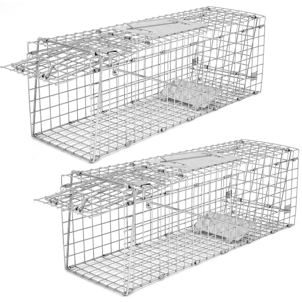 Qualirey 2 Pack 24'' Live Animal Trap Cage Cat Trap Cage Foldable Steel Humane Catch and Release Animal Trap for Groundhog Squirrel Raccoon Mole Gopher(Silver, 24.41 x 7.09 x 8.27 Inch)