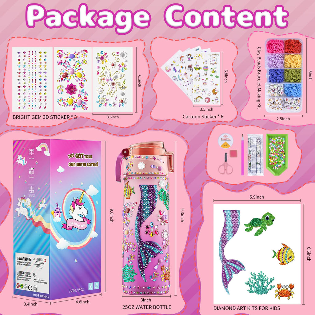 BOOH Decorate Your Own Water Bottle Kits for Girls Age 4-12, Fun Arts and Crafts for Girls Age 4-12, Friendship Bracelet Kit & Mermaid Tail Toys for Ages 6-12, Birthday Gifts Christmas School