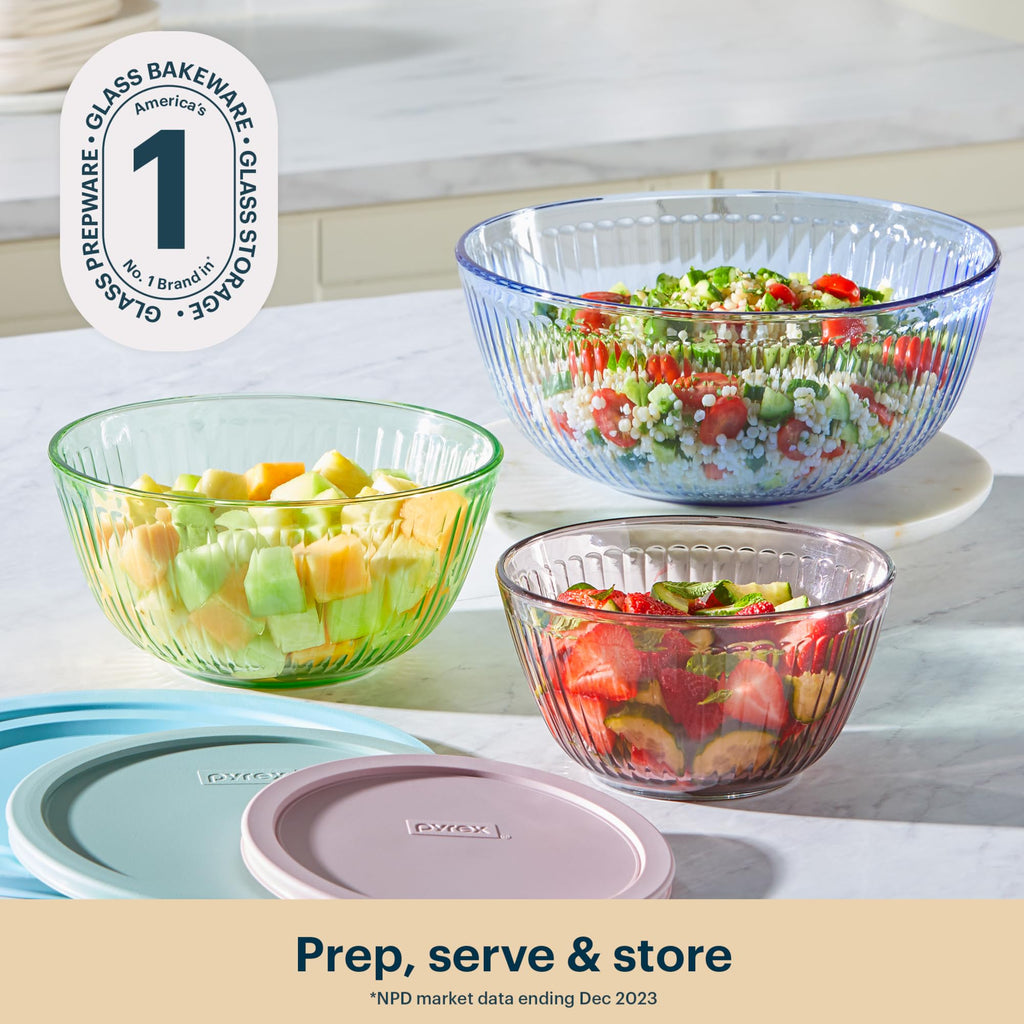 Pyrex Colors Tinted (3-Pack, Full Set) Sculpted Tinted Glass Mixing Bowls With Lids, Nesting Space Saving Set of Bowls For Prepping and Baking, 1.3QT, 2.3QT & 4.5Q, Blue
