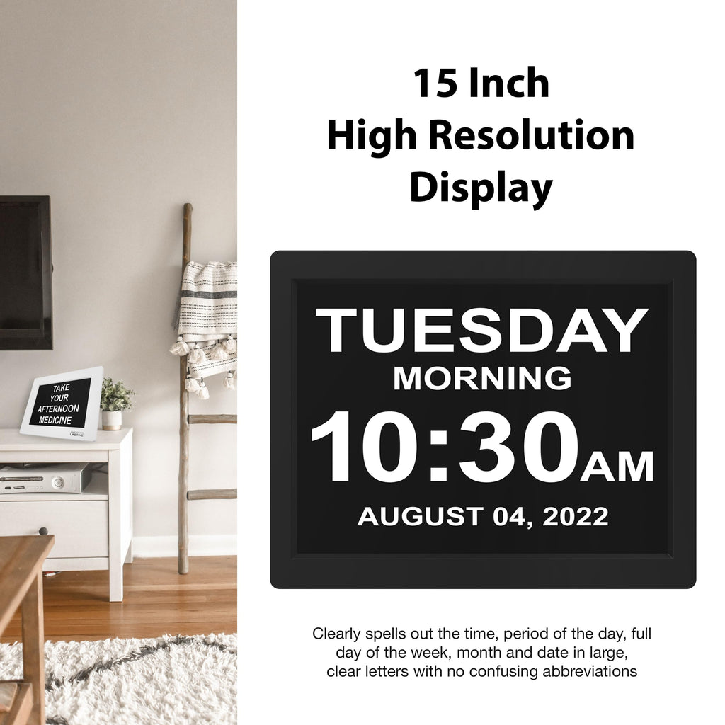 American Lifetime 【New 2024 Dementia Clock Large Digital Clock for Seniors, Digital Clock Large Display, Custom Alarms, Clock with Day & Date for Elderly, Large Number Digital Clock Black, 15 Inch