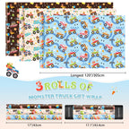 WERNNSAI Monster Truck Wrapping Paper Rolls - 3 Short Rolls 17 in x 10 ft Birthday Wrapping Paper Rolls Kids Boys Racing Wrapping Paper Rolls Holiday Wrapping Paper Beige Blue Brown Gift Papers with Cut Lines