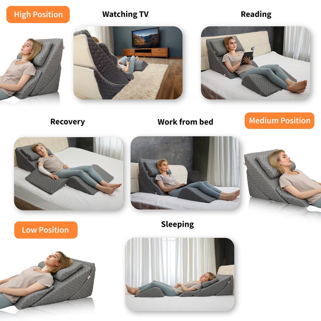 Adjustable Orthopedic Bed Wedge Pillow Set, Post Surgery Recovery, Memory Foam Wedge Pillow for Back, Knee and Leg Pain Relief, Sleeping, Sitting up in bed, Reading, Acid Reflux, Snoring, Melange Gray