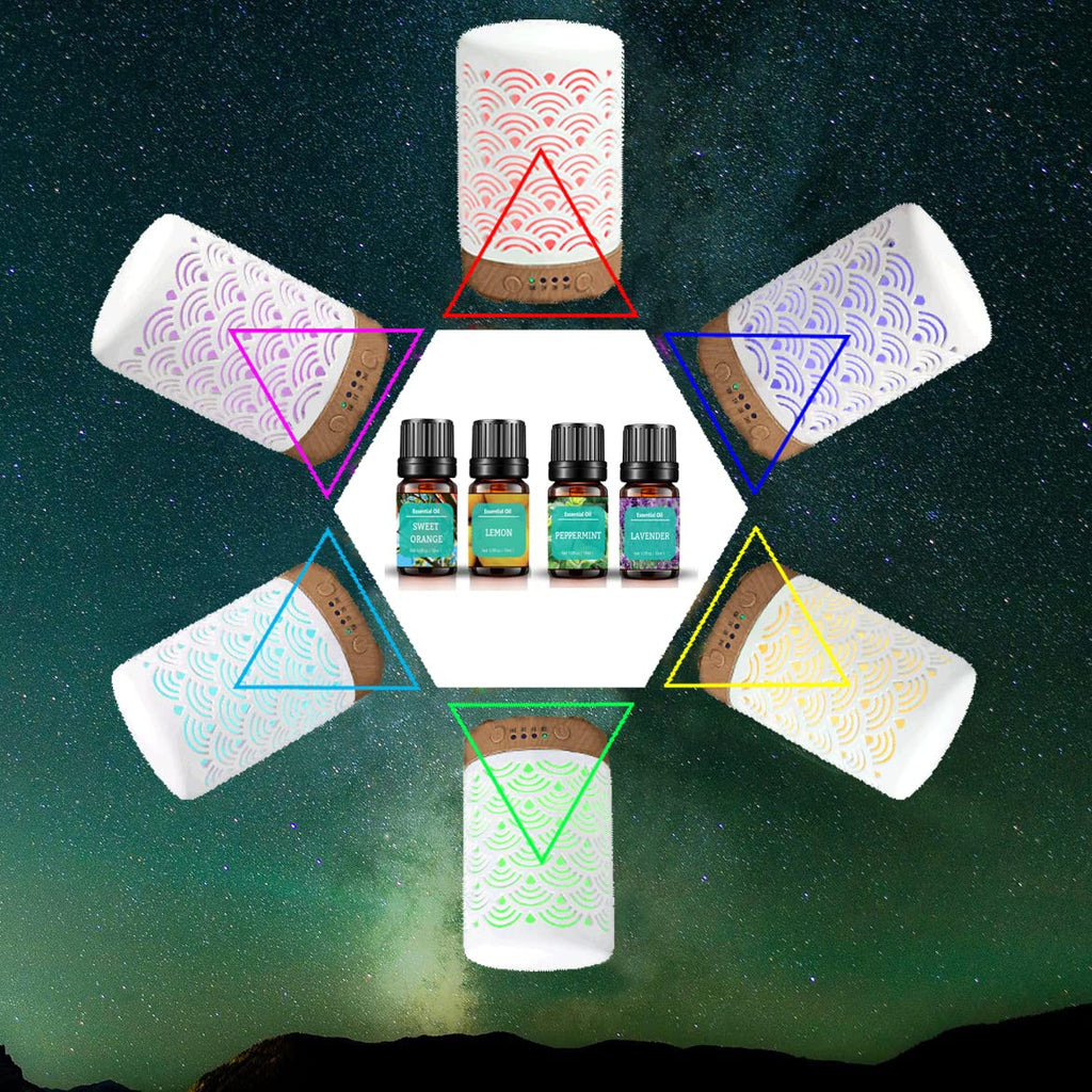 Ceramic Ultrasonic 100ml Aromatherapy Diffuser with Lavender Lemon Orange Peppermint Essential Oils Handcrafted Mist Humidifier Diffuser 7 LED Colors Changing Lights for Home Office