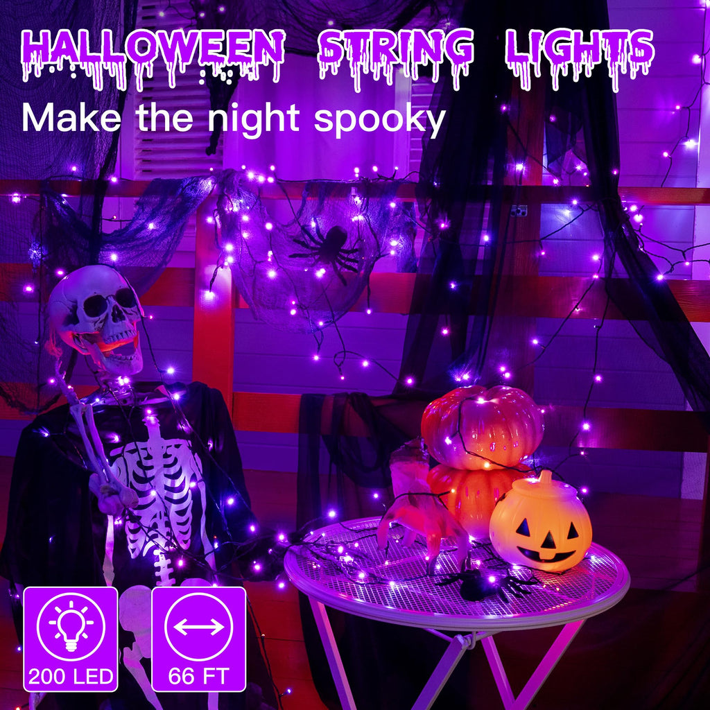 Guhope 66FT 200 LED Halloween Lights, Purple Halloween Lights Outdoor with 8 Lighting Modes, Waterproof Halloween String Lights for Christmas Outdoor Party Yard Garden Decoration
