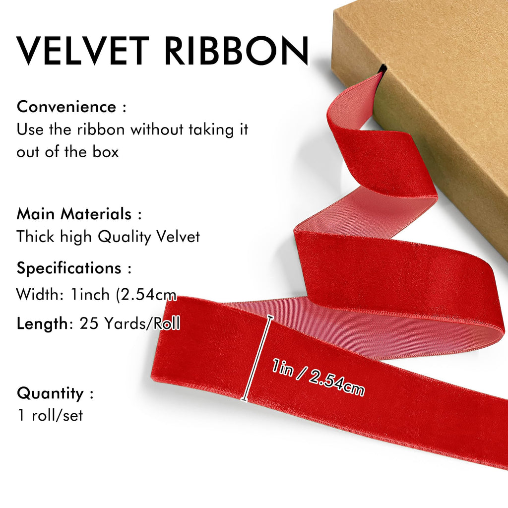 Red Velvet Ribbon 1'' 25 Yards for Christmas Tree, Gift Wrapping, Flower Bouquet, Wreath Decorations, Bow Making
